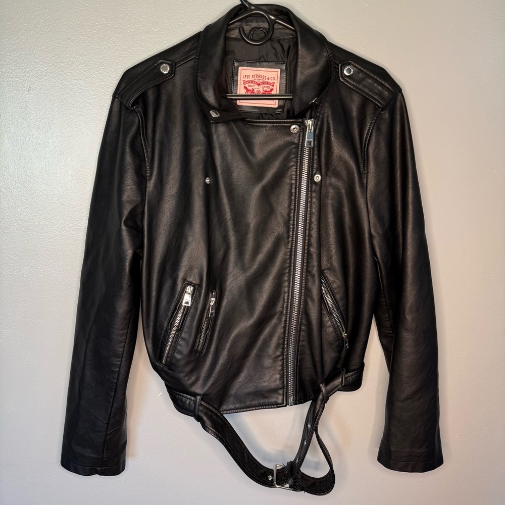 Levi's Black Leather Biker Jacket with Belt